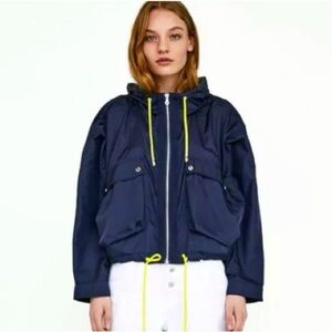 ZARA Basic‎ Navy Blue Cargo Windbreaker Jacket Sz L Oversized Hooded